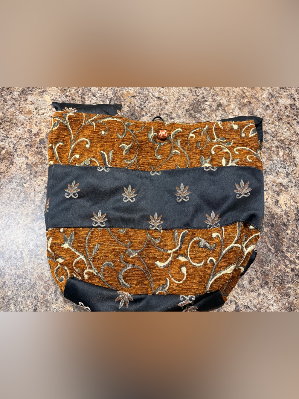Embroidered Velvet Panel Shoulder Bag in Rust and Black